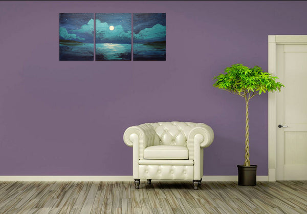 original seascape paintings for sale turquoise with clouds over the sea on a purple wall