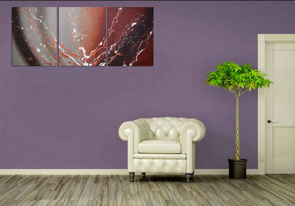 triptych painting in copper on purple wall