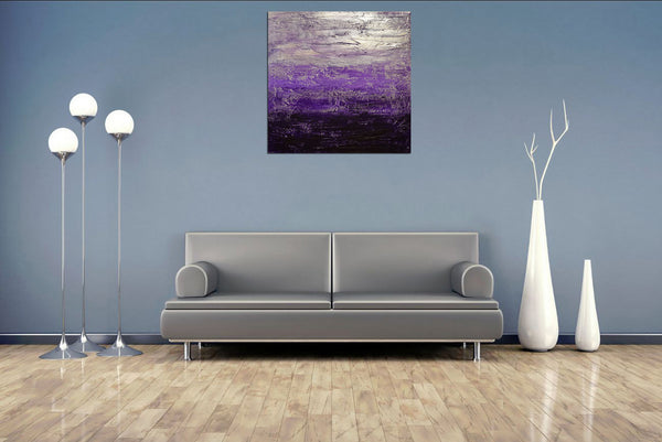purple abstract paintings for sale on grey wall