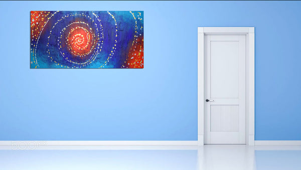fibonacci spiral art on blue wall