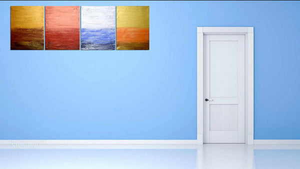 quadtych painting on blue wall