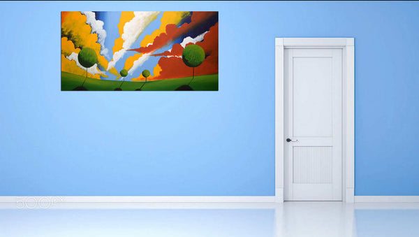 large canvas wall art landscape on blue wall