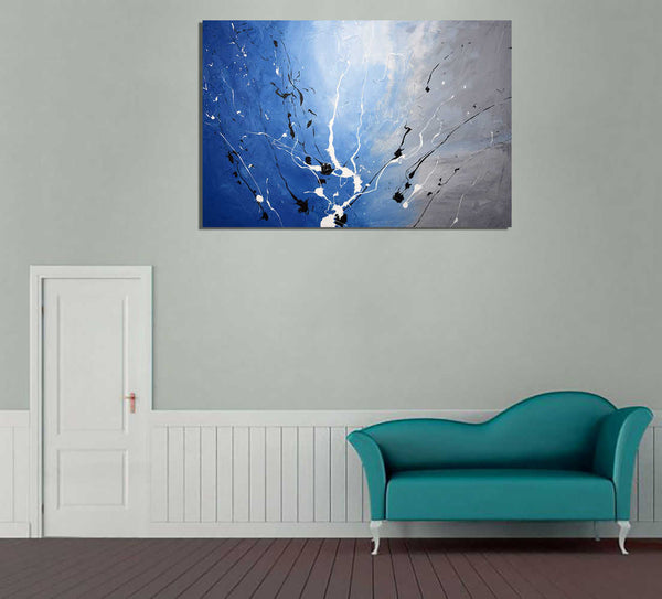 blue paintings for sale on grey wall