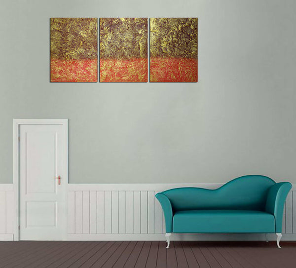 3 piece painting orange and gold on grey wall