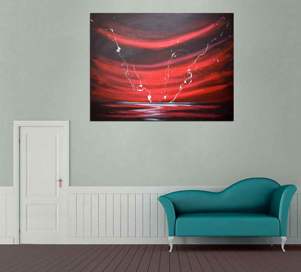 original seascape paintings for sale big red seascape artwork on a modern grey interior wall and green sofa