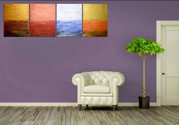 quadtych painting on purple wall