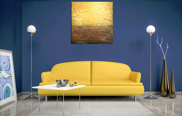 large painting for sale in gold on blue wall