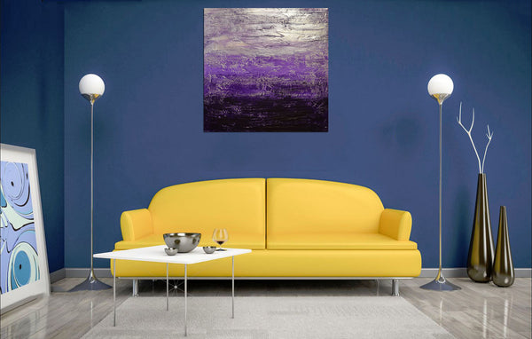 purple paintings yellow sofa