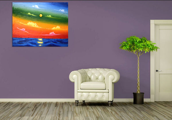 purple wall with landscape paintings for sale 