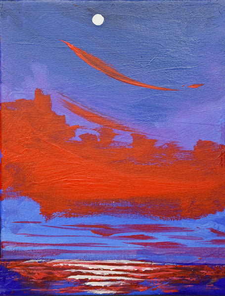 seascape art for sale Red Sunset Little Yacht on the open Sea , green blue edition