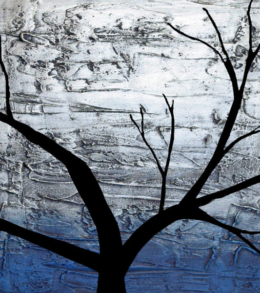 silver and blue paintings of tree close up