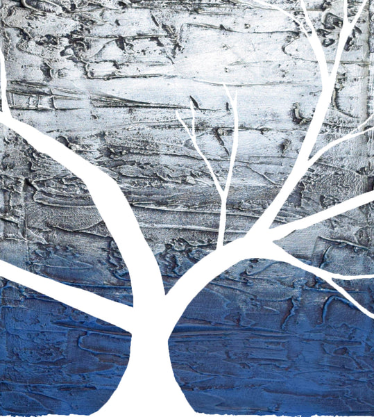 blue and silver paintings of tree of life in white close up
