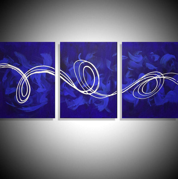 triptych wall art  "Deep Blue" huge canvas art 3 panel original  art three panel wall decor home decor 3 extra large sizes