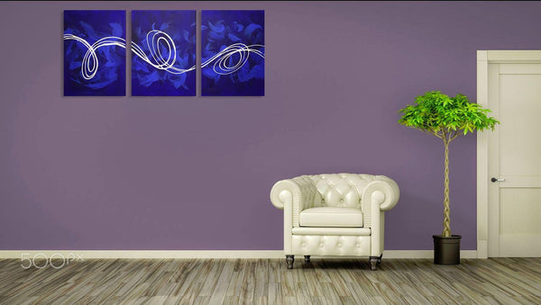 triptych wall art blue on purple wall