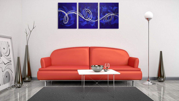 triptych wall art blue white swirls on white wall