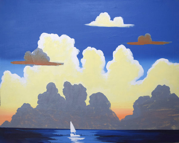 contemporary abstract seascapes with clouds and a little yacht