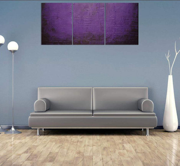 oversized triptych canvas wall art " Purple Trance " canvas original painting on grey wall 