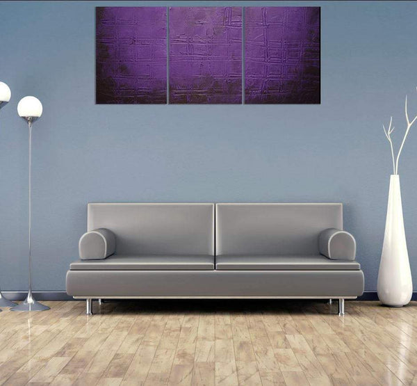 oversized triptych canvas wall art " Purple Trance " canvas original painting on grey wall