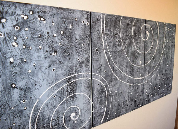 abstract triptych large  black and white " cosmic symphony "