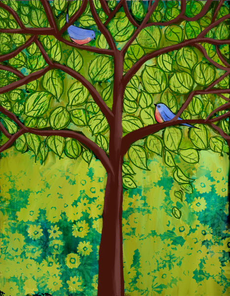 birds on a wire print original abstract art uk artwork green