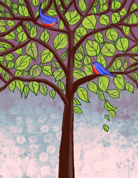 birds on a wire print original abstract art uk blue