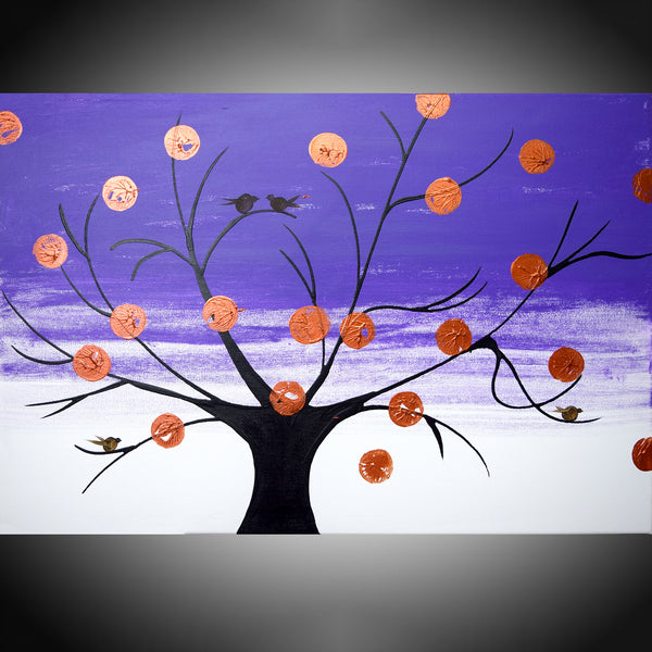 birds on a wire painting original abstract art uk copper tree wall art tree purple art