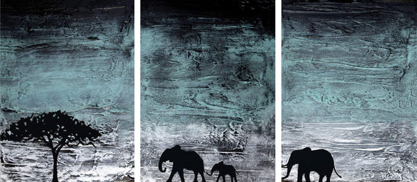 triptych elephant wall art in Turquoise elephant hand painted acrylic canvas