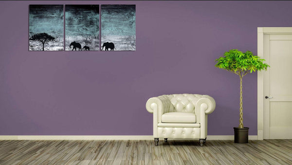 canvas triptych elephant wall art in Turquoise paint 4 sizes