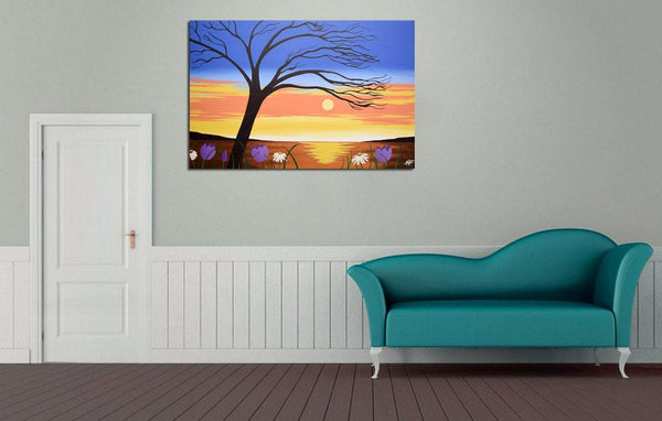 grey wall with large canvas wall art landscape