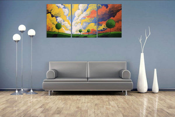 triptch giant canvas wall art trees on a hill with colourful clouds abstract canvas art for sale