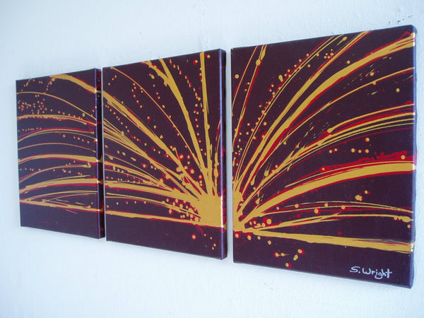 oversized metal wall art Golden fountain on canvas , triptych style at angle on wall