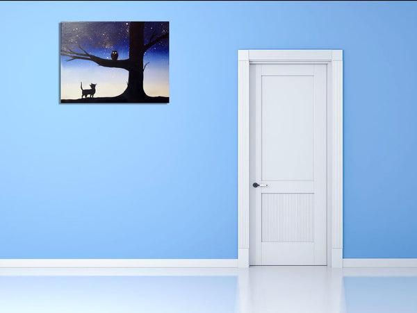 owl cat whimsical painting