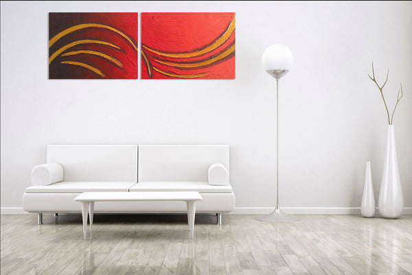 abstract canvas art for sale in orange and gold painting on a white wall oversized metal wall art