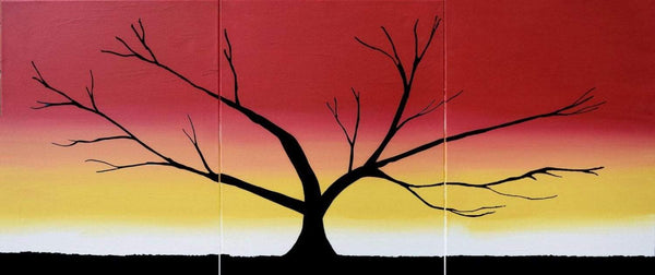 abstract tree painting rainbow colours, canvas triptych