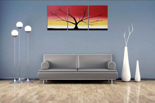 abstract tree painting rainbow colours, canvas triptych on grey wall