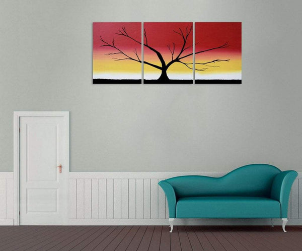 abstract tree painting rainbow colours, canvas triptych on living room wall
