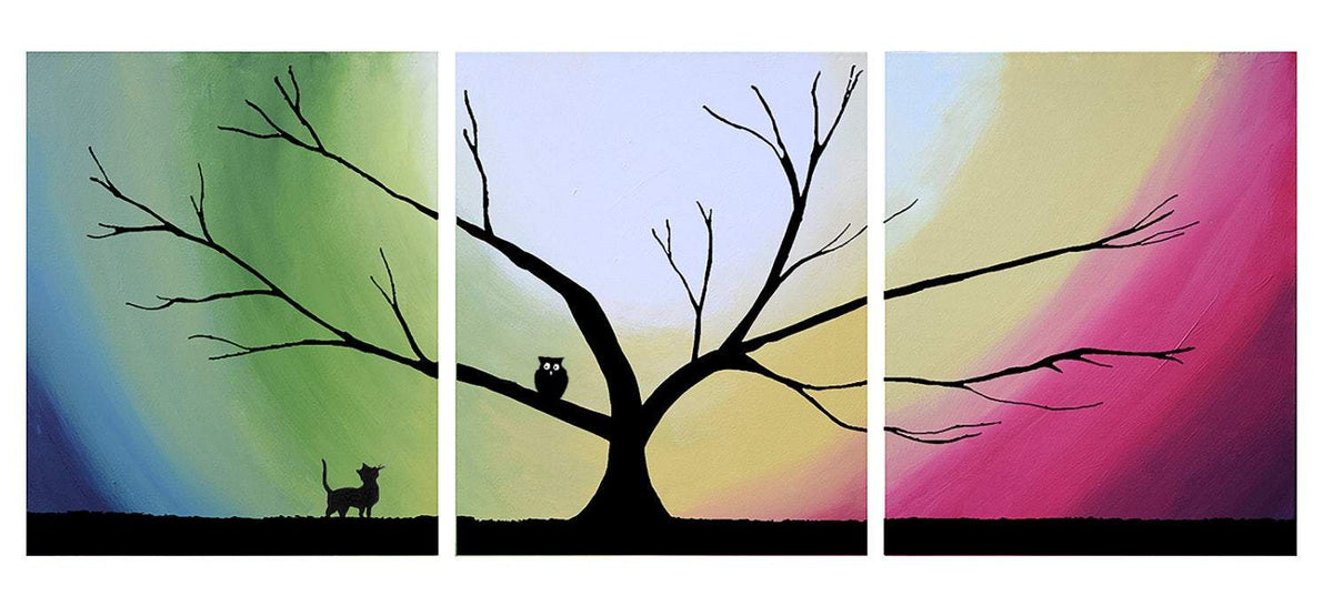 Original acrylic paintings on canvas abstract triptych landscape tree owl online and the pussycat painting large wall art Modern 20 x 48 