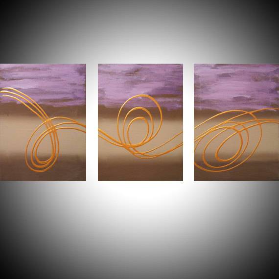 original triptych canvas paintings for sale " Gold Horizon 2 " on grey background