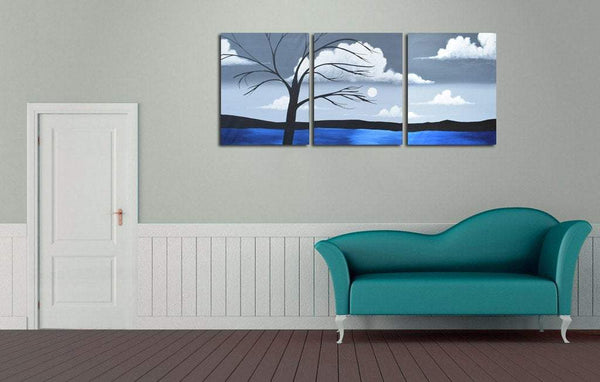 original triptych paintings for sale " Moonlight sonata " large triptych wall art on grey wall 