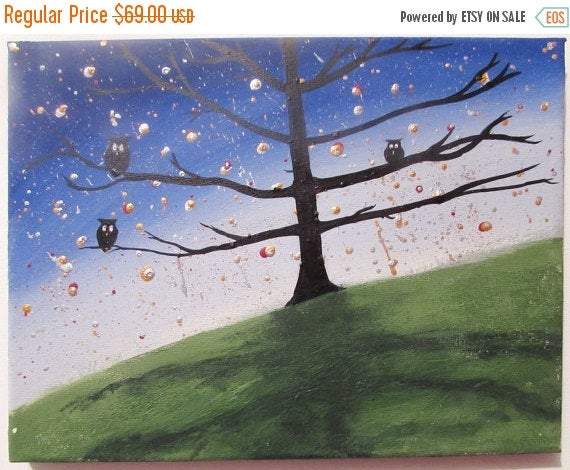 owl bird art canvas silhouette work "Owl Tree" wall art Original Painting owl decor  wall nursery starry night tree of life