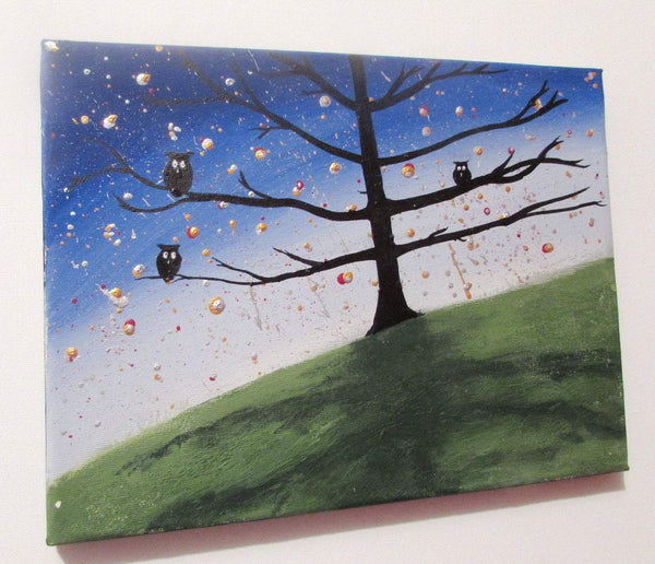 owl bird art canvas silhouette work "Owl Tree" wall art Original Painting owl decor  wall nursery starry night tree of life