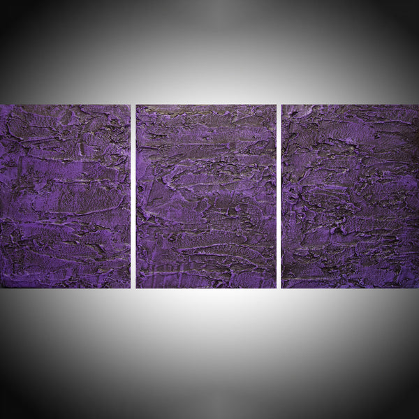 purple painting triptych art on canvas with grey background