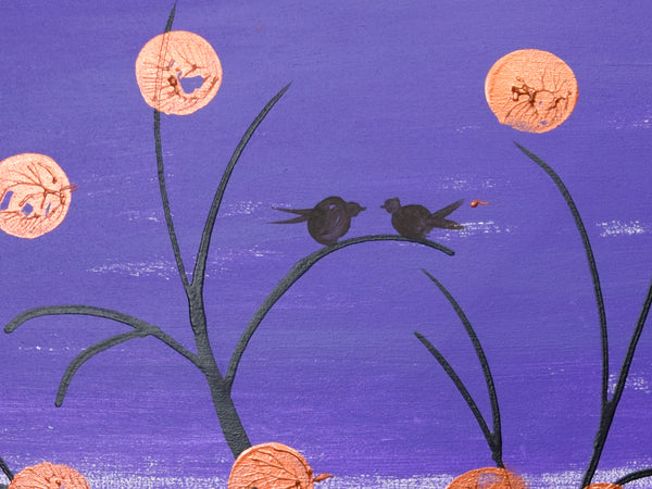birds on a wire painting in purple and copper close up