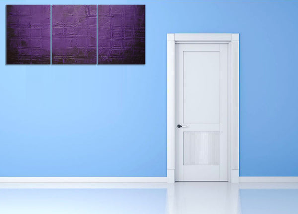 purple painting on blue wall canvas triptych