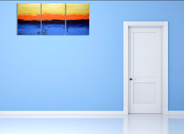 Rainbow flats canvas triptych paintings on blue wall