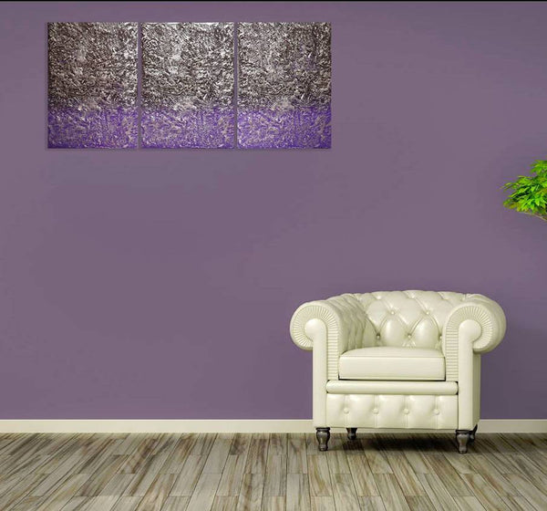 Silver Triptych 3 canvas triptych style on a violet wall 