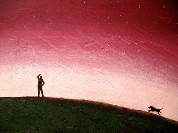 starry night figure drawing whimsical art landscape dog walker art abstract landscape contemporary art modern art  acrylic painting
