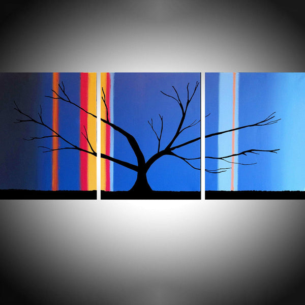 abstract blue tree painting , large wall art in a triptych style on canvas