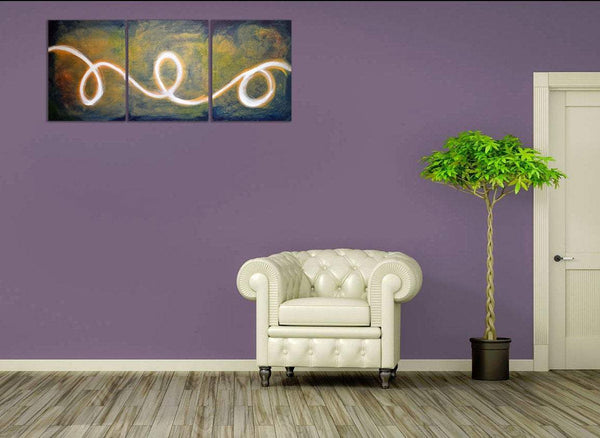 3 piece painting White spiral large wall art on purple wall