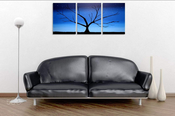 tree art painting large triptych wall art on a white wall